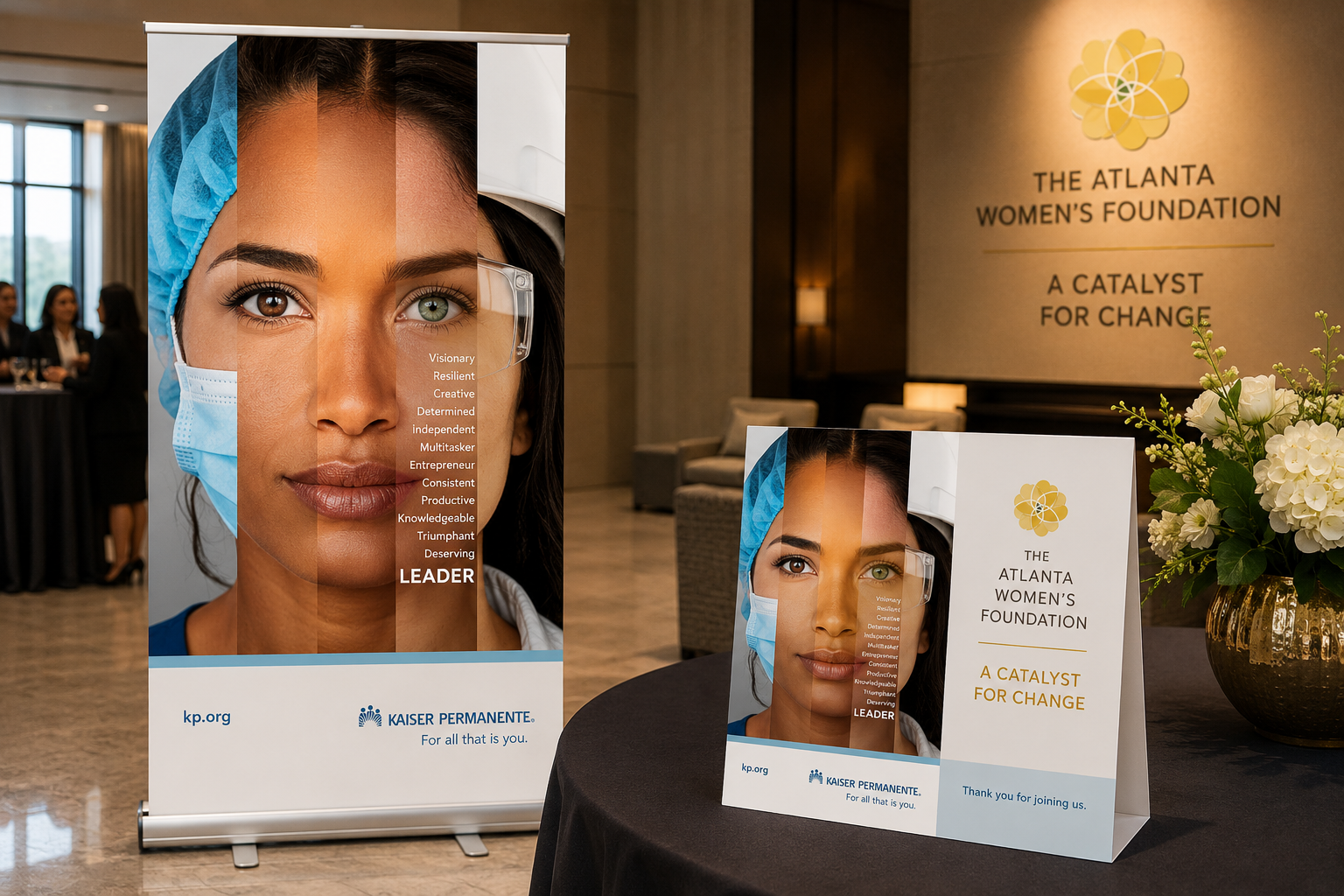 Kaiser Permanente LEADER retractable banner and table tent display at the Atlanta Women's Foundation event