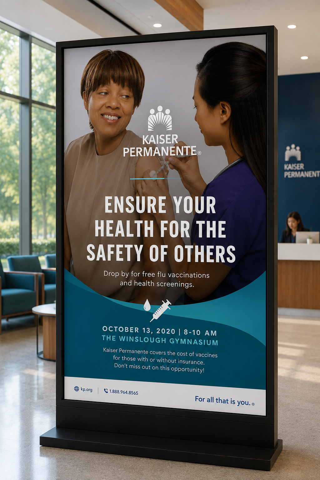 Kaiser Permanente flu vaccination and health screening lobby display