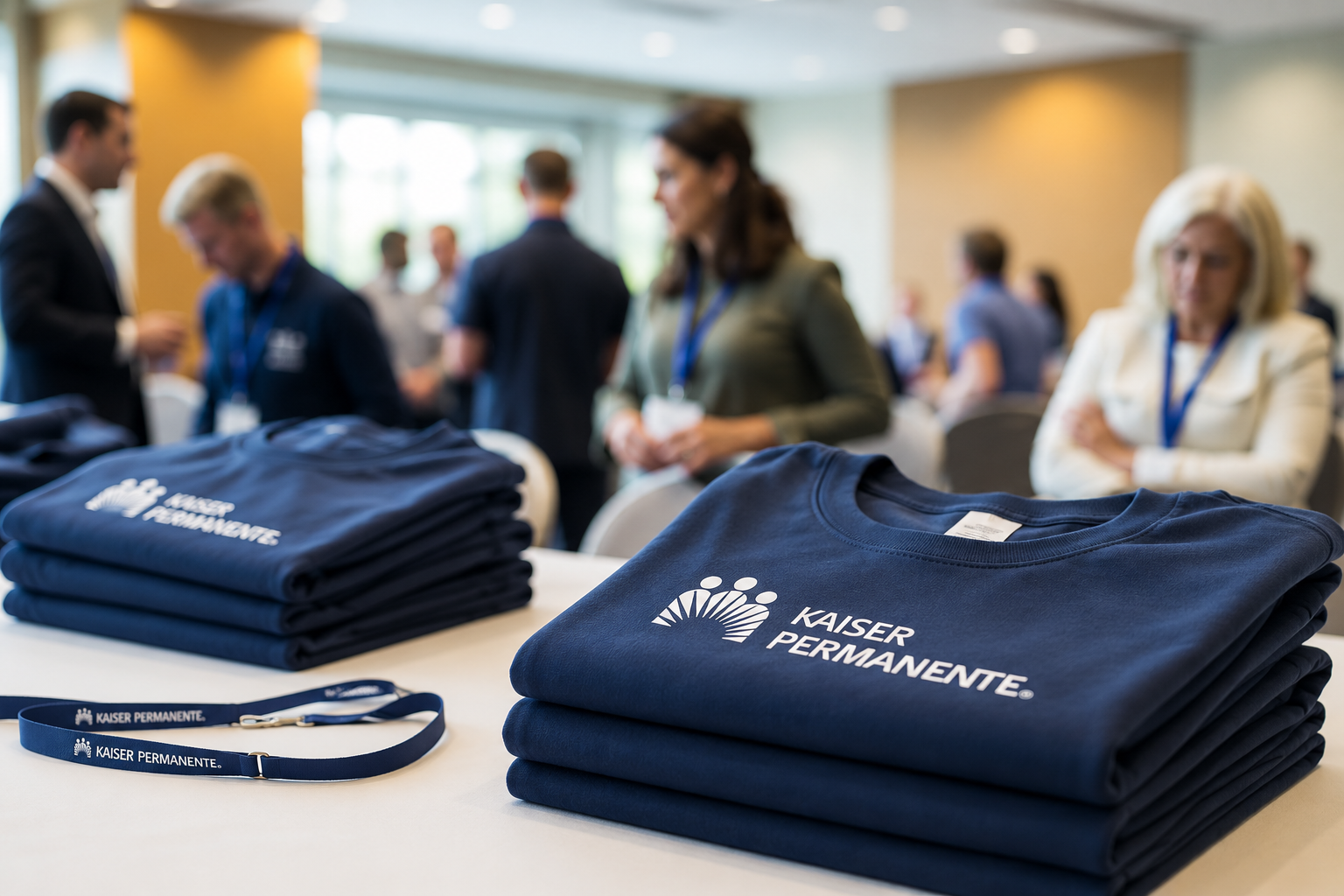 Kaiser Permanente branded shirts and lanyards at an employee engagement event