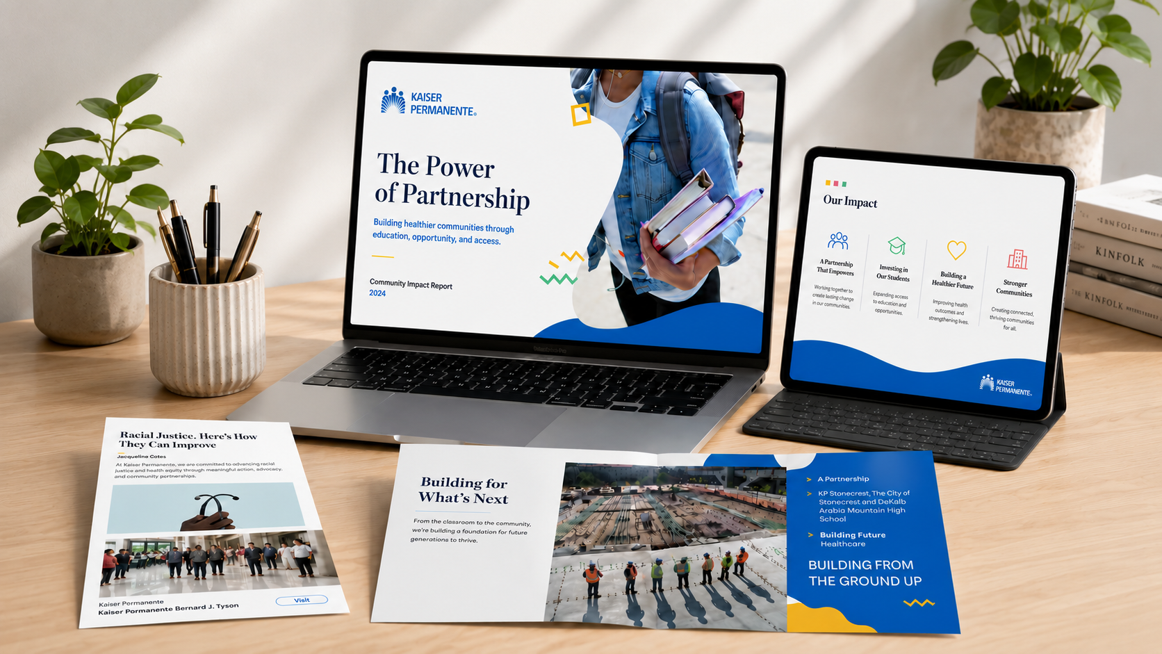 Kaiser Permanente Community Impact Report 2024 presentation across laptop, tablet, and print collateral