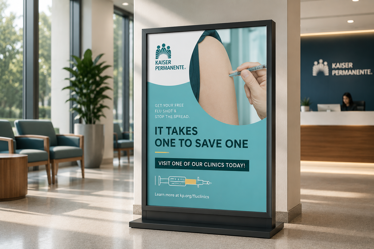Kaiser Permanente flu clinic poster displayed in a hospital lobby