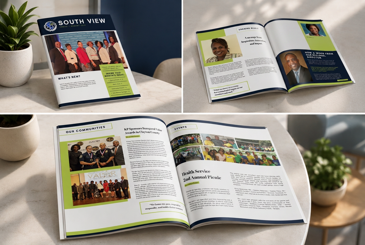 South View internal magazine — cover and open spreads for Kaiser Permanente
